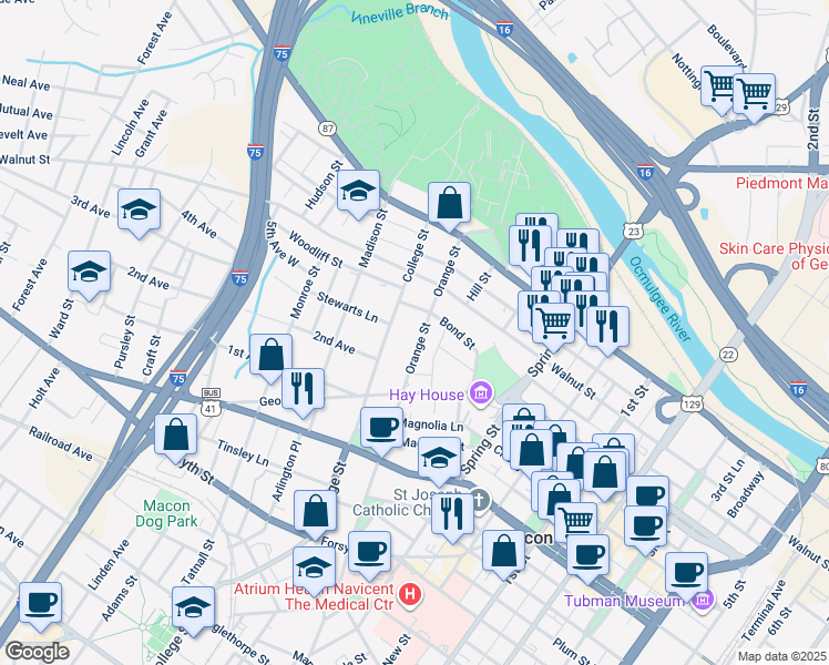 map of restaurants, bars, coffee shops, grocery stores, and more near 312 College Street in Macon