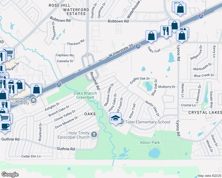 map of restaurants, bars, coffee shops, grocery stores, and more near 3425 Vista Oaks Drive in Garland
