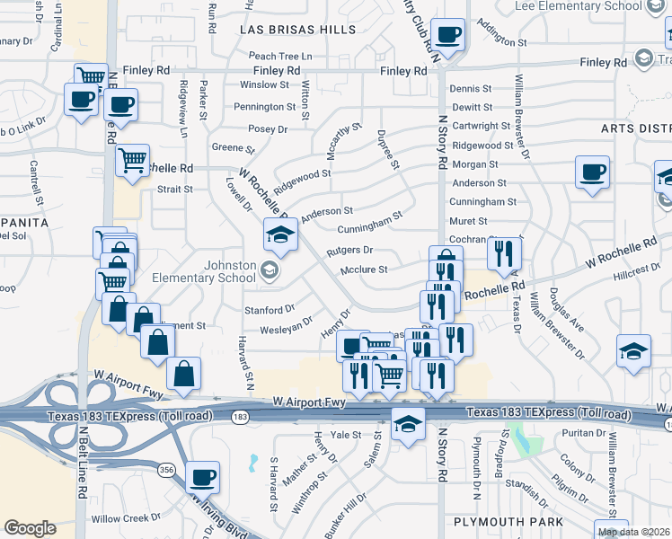 map of restaurants, bars, coffee shops, grocery stores, and more near 2553 West Rochelle Road in Irving