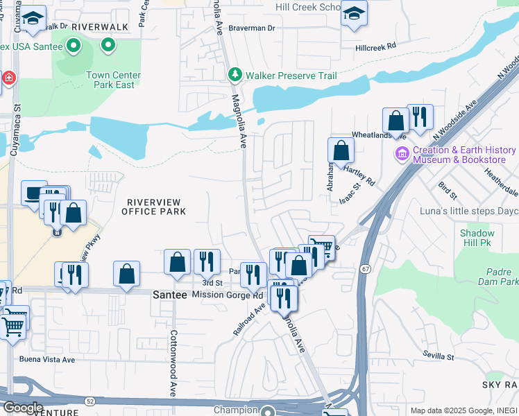 map of restaurants, bars, coffee shops, grocery stores, and more near 9255 Magnolia Avenue in Santee