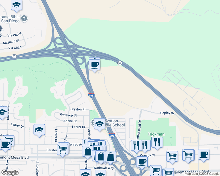 map of restaurants, bars, coffee shops, grocery stores, and more near 5855 Copley Drive in San Diego