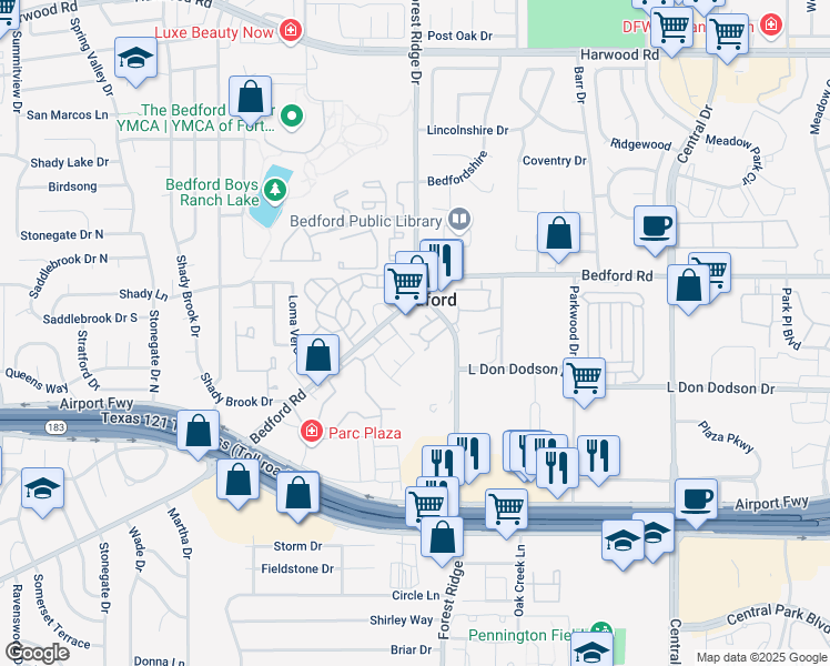 map of restaurants, bars, coffee shops, grocery stores, and more near 1559 Forest Park Circle in Bedford