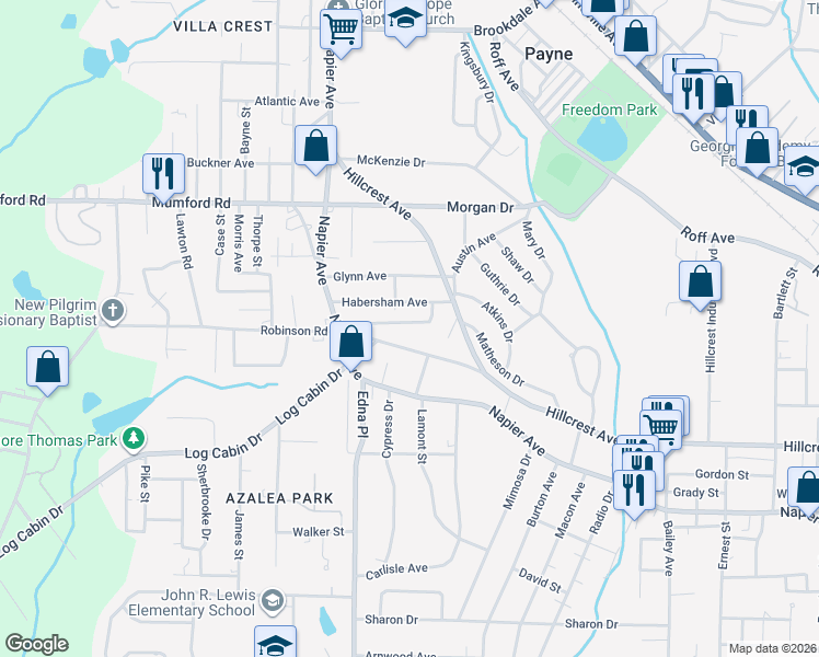map of restaurants, bars, coffee shops, grocery stores, and more near 3427 Hillcrest Road in Macon