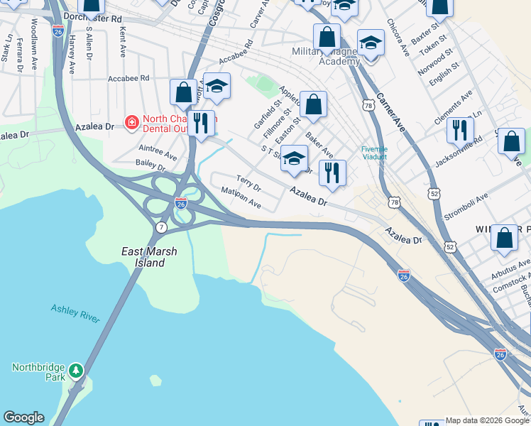map of restaurants, bars, coffee shops, grocery stores, and more near 3011 Matipan Avenue in North Charleston