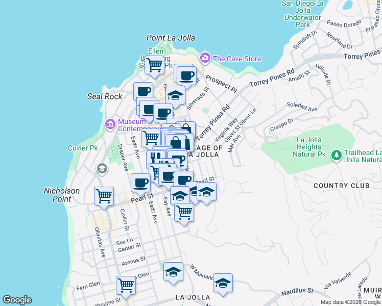 map of restaurants, bars, coffee shops, grocery stores, and more near 1111 Torrey Pines Road in San Diego