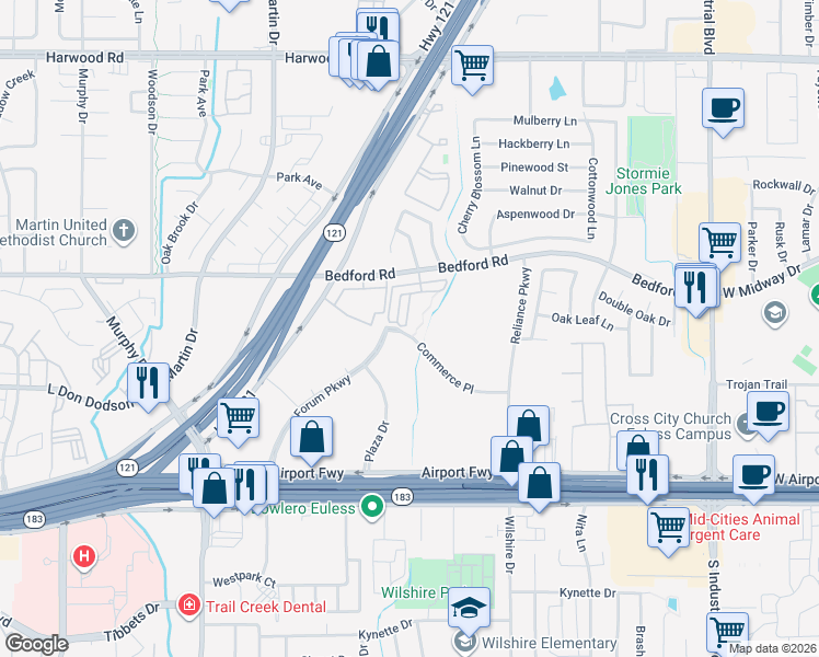 map of restaurants, bars, coffee shops, grocery stores, and more near 2200 Sandshell Street in Bedford