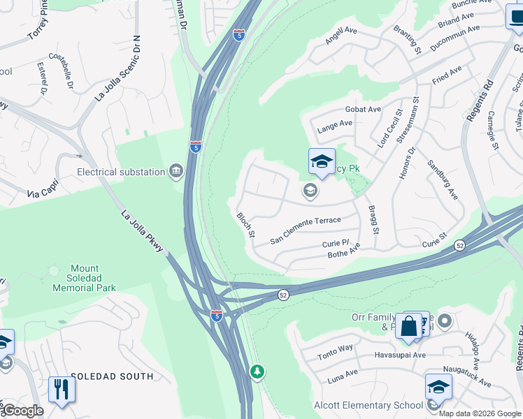 map of restaurants, bars, coffee shops, grocery stores, and more near 5444 Barkla Street in San Diego