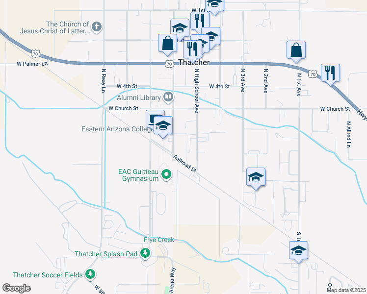 map of restaurants, bars, coffee shops, grocery stores, and more near 565 North College Avenue in Thatcher