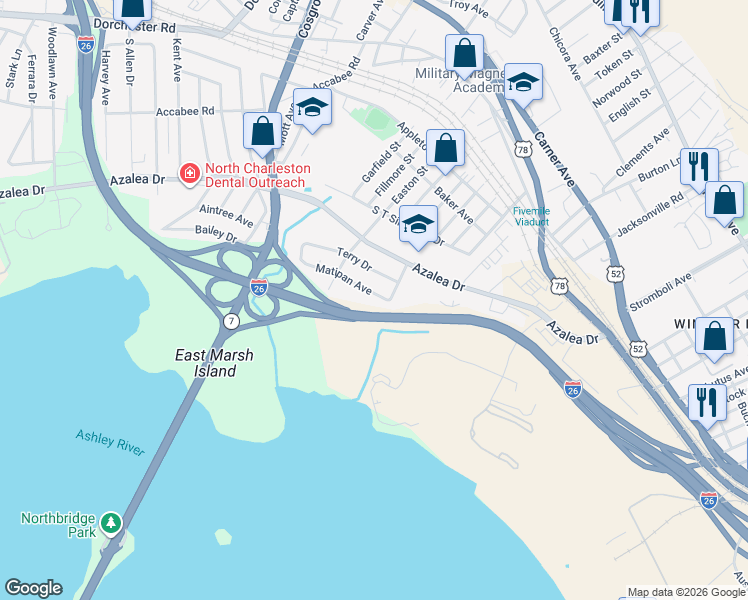 map of restaurants, bars, coffee shops, grocery stores, and more near 3011 Matipan Avenue in North Charleston
