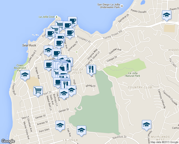 map of restaurants, bars, coffee shops, grocery stores, and more near 7555 Miramar Avenue in San Diego