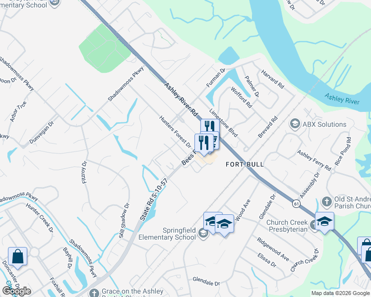 map of restaurants, bars, coffee shops, grocery stores, and more near 2901 Barrington Lane in Charleston