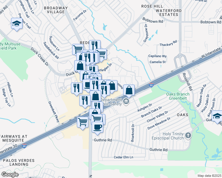 map of restaurants, bars, coffee shops, grocery stores, and more near 401 West Interstate 30 in Garland