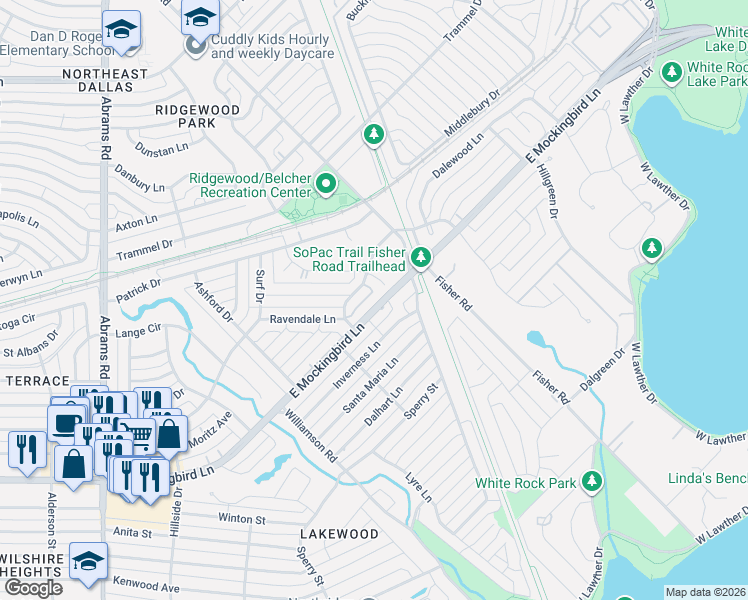 map of restaurants, bars, coffee shops, grocery stores, and more near 6906 East Mockingbird Lane in Dallas