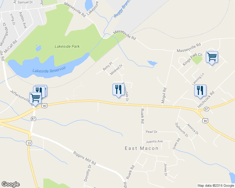 map of restaurants, bars, coffee shops, grocery stores, and more near 3355 Finneydale Court South in Macon
