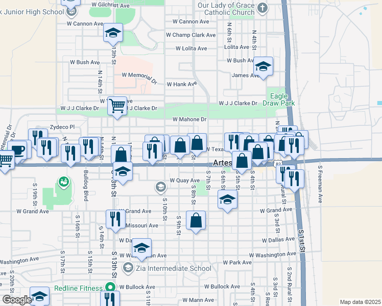 map of restaurants, bars, coffee shops, grocery stores, and more near 801 West Texas Avenue in Artesia