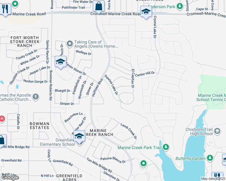 map of restaurants, bars, coffee shops, grocery stores, and more near 6125 Sunrise Lake Drive in Fort Worth