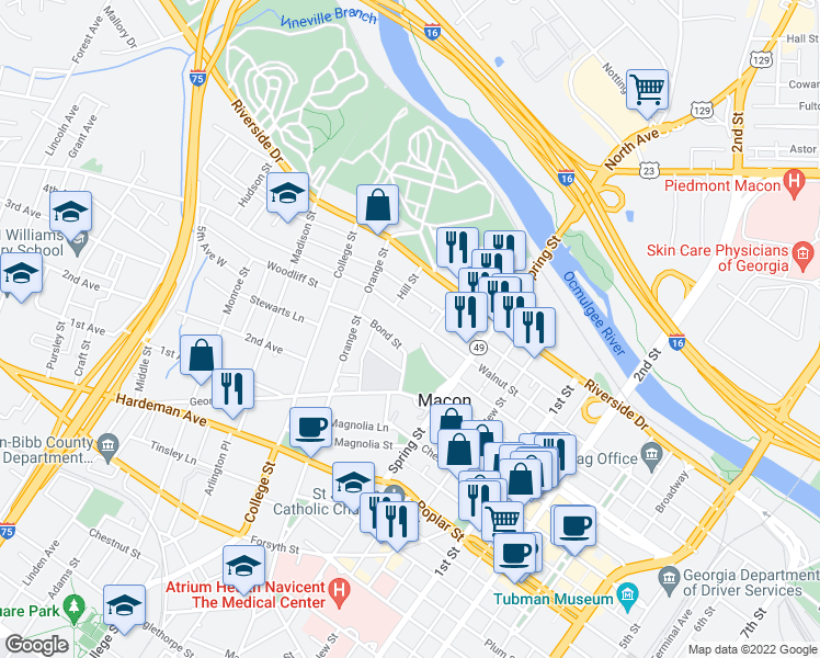 map of restaurants, bars, coffee shops, grocery stores, and more near 1028 Walnut Street in Macon
