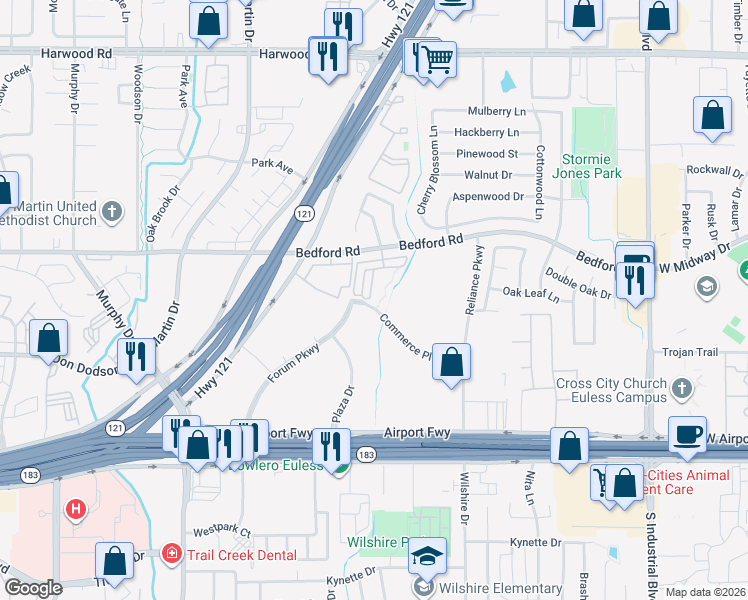 map of restaurants, bars, coffee shops, grocery stores, and more near 2200 Sandshell Street in Bedford
