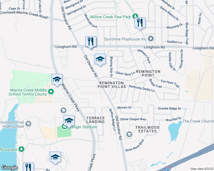 map of restaurants, bars, coffee shops, grocery stores, and more near 5600 Paluxy Sands Trail in Fort Worth