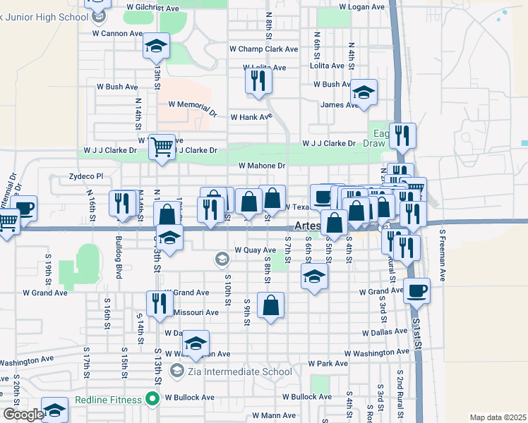 map of restaurants, bars, coffee shops, grocery stores, and more near 801 West Texas Avenue in Artesia