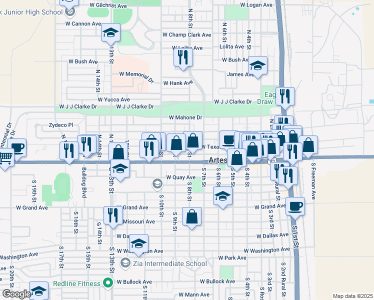map of restaurants, bars, coffee shops, grocery stores, and more near 801 West Texas Avenue in Artesia