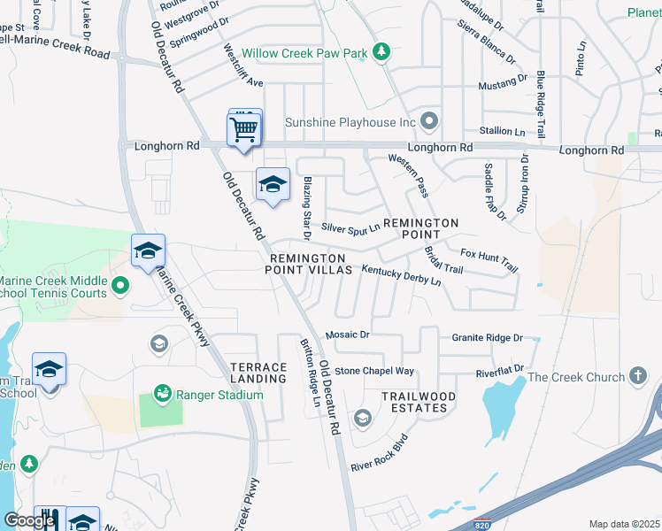 map of restaurants, bars, coffee shops, grocery stores, and more near 5812 Country Valley Lane in Fort Worth