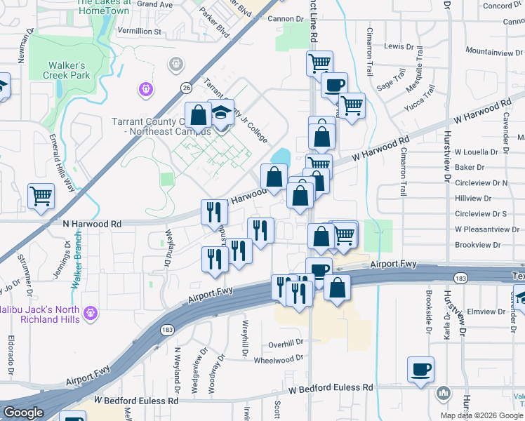 map of restaurants, bars, coffee shops, grocery stores, and more near 827 West Harwood Road in Hurst