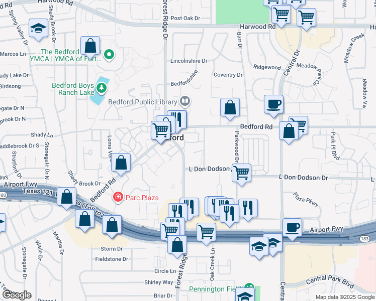 map of restaurants, bars, coffee shops, grocery stores, and more near 2200 Forest Ridge Drive in Bedford