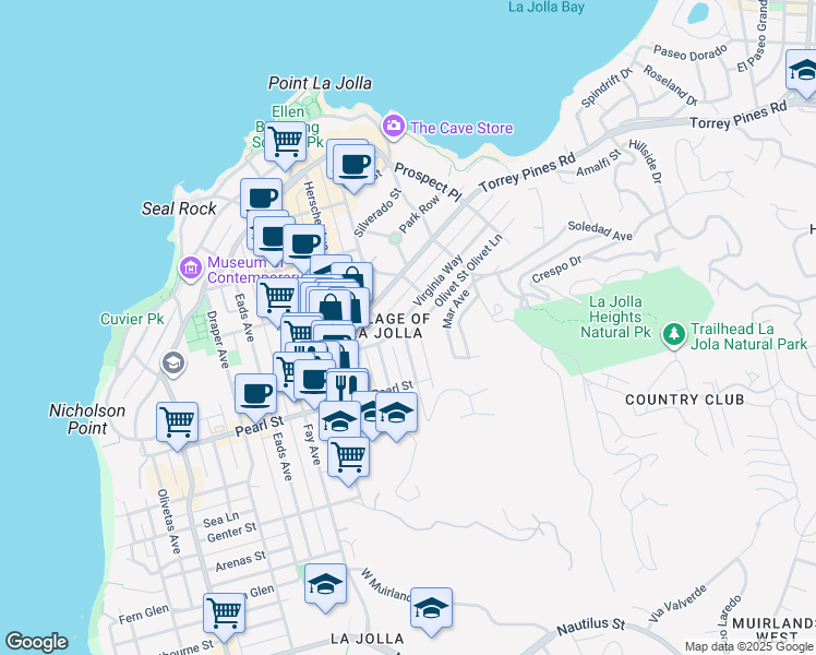 map of restaurants, bars, coffee shops, grocery stores, and more near in San Diego