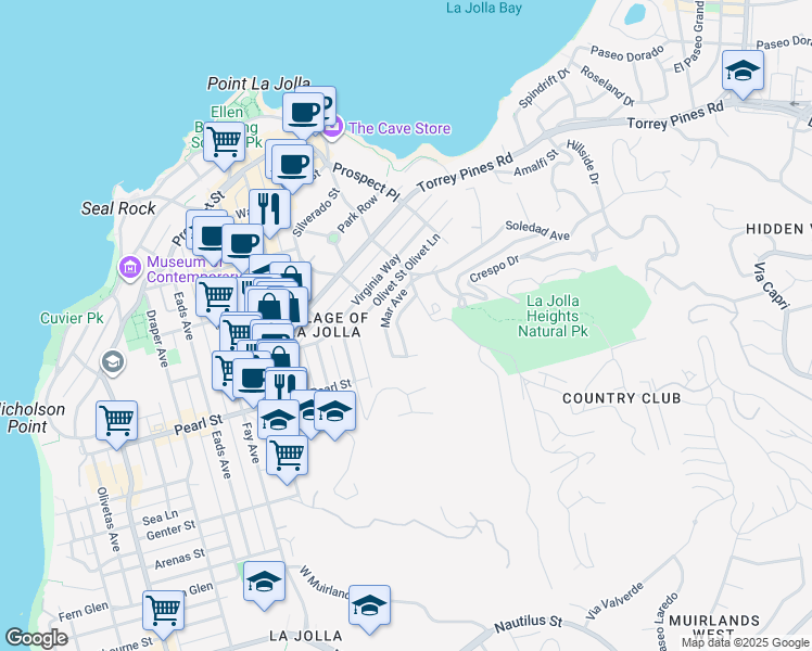 map of restaurants, bars, coffee shops, grocery stores, and more near 7569 Pepita Way in San Diego