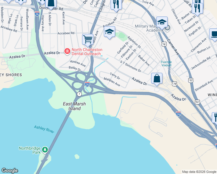 map of restaurants, bars, coffee shops, grocery stores, and more near 2349 Meridian Road in North Charleston