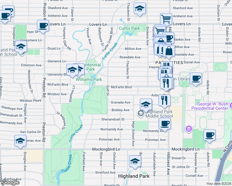 map of restaurants, bars, coffee shops, grocery stores, and more near 3677 Asbury Street in Dallas