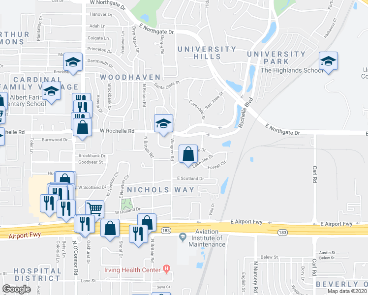 map of restaurants, bars, coffee shops, grocery stores, and more near 225 Countryside Drive in Irving