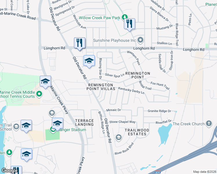 map of restaurants, bars, coffee shops, grocery stores, and more near 5812 Country Valley Lane in Fort Worth