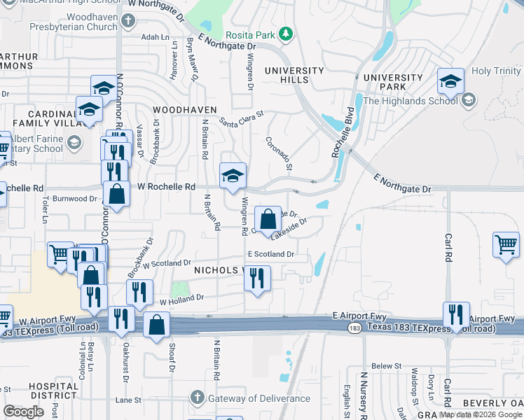 map of restaurants, bars, coffee shops, grocery stores, and more near 225 Countryside Drive in Irving
