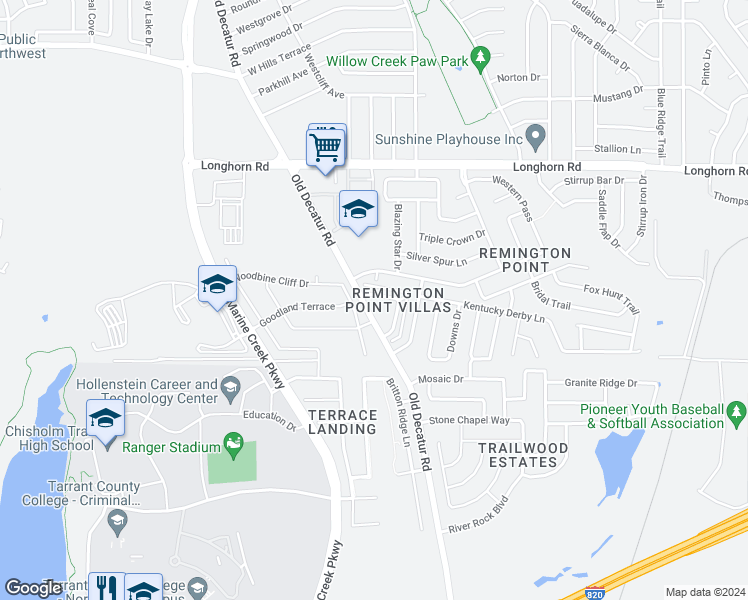 map of restaurants, bars, coffee shops, grocery stores, and more near 5825 Giddyup Lane in Fort Worth