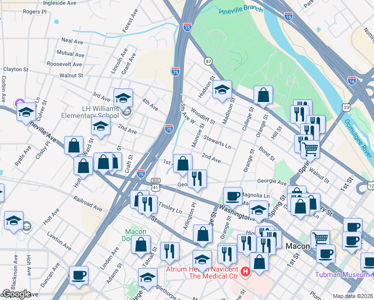 map of restaurants, bars, coffee shops, grocery stores, and more near 381 Monroe Street in Macon
