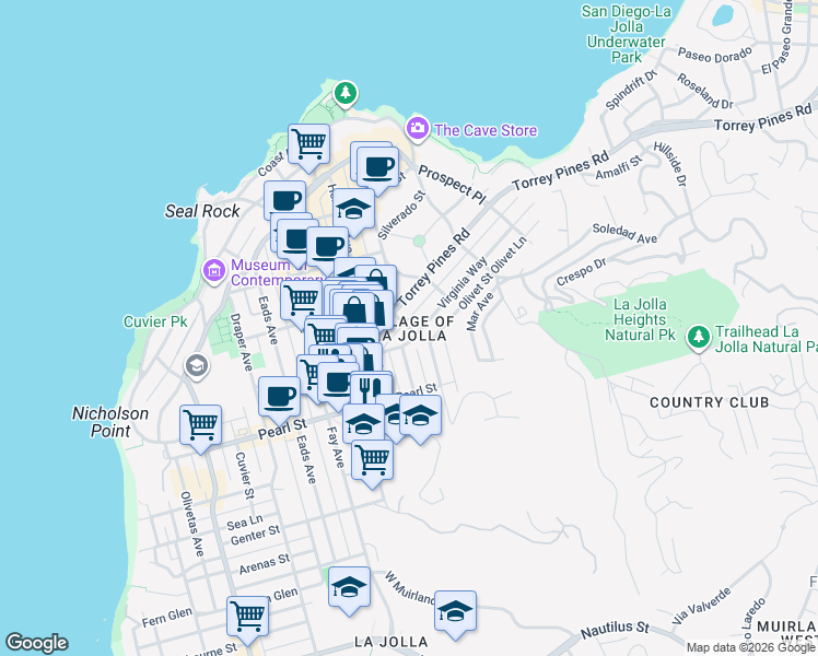 map of restaurants, bars, coffee shops, grocery stores, and more near in San Diego