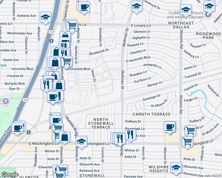 map of restaurants, bars, coffee shops, grocery stores, and more near 4661 Amesbury Drive in Dallas