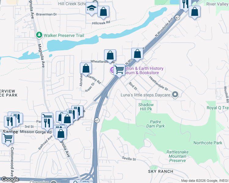 map of restaurants, bars, coffee shops, grocery stores, and more near 10976 Collinwood Drive in Santee