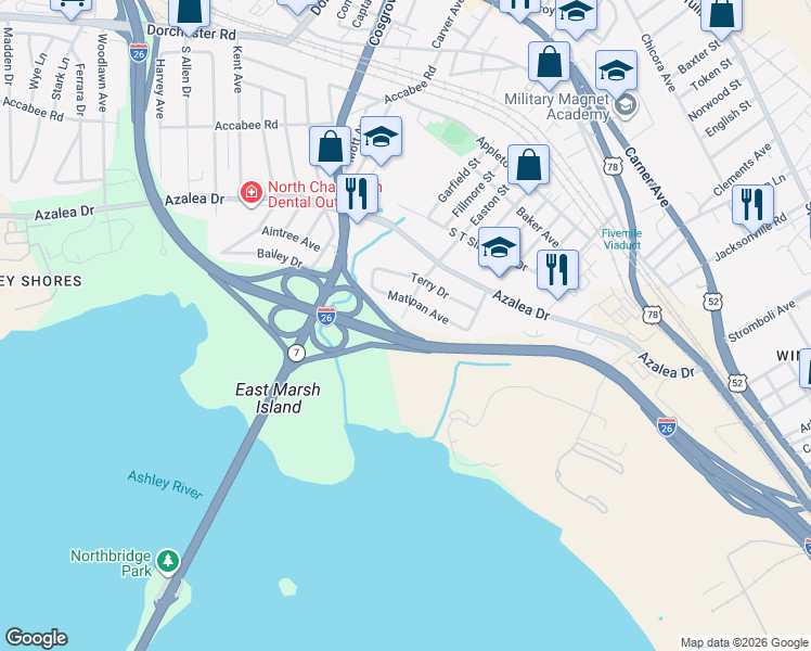 map of restaurants, bars, coffee shops, grocery stores, and more near 2349 Meridian Road in North Charleston