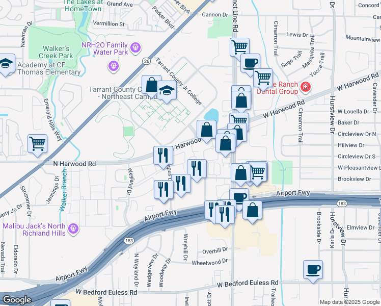map of restaurants, bars, coffee shops, grocery stores, and more near 833 West Harwood Road in Hurst