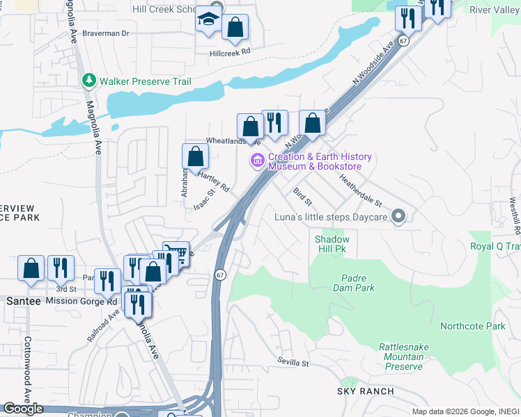 map of restaurants, bars, coffee shops, grocery stores, and more near 10976 Collinwood Drive in Santee