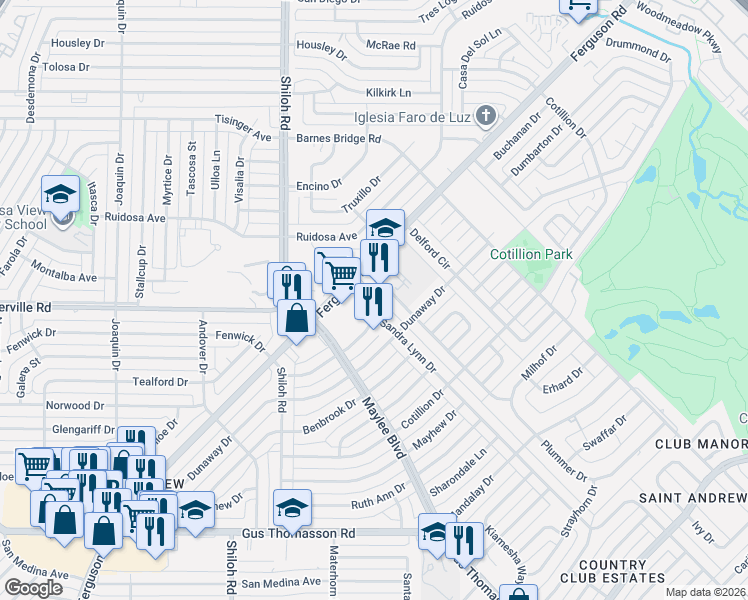 map of restaurants, bars, coffee shops, grocery stores, and more near 10514 Sandra Lynn Drive in Dallas