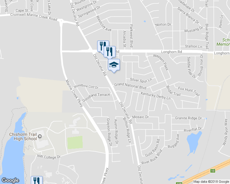 map of restaurants, bars, coffee shops, grocery stores, and more near Old Decatur Rd & Giddyup Ln in Fort Worth