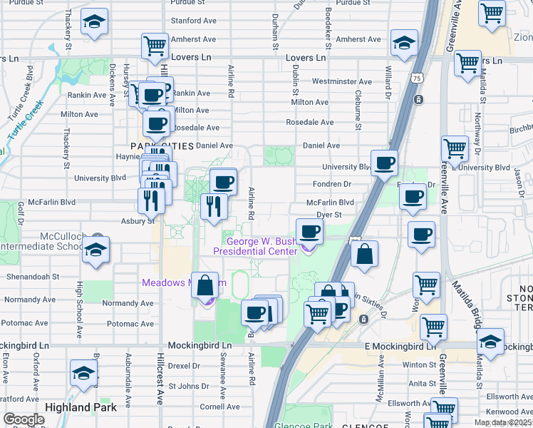 map of restaurants, bars, coffee shops, grocery stores, and more near 3030 Dyer Street in Dallas