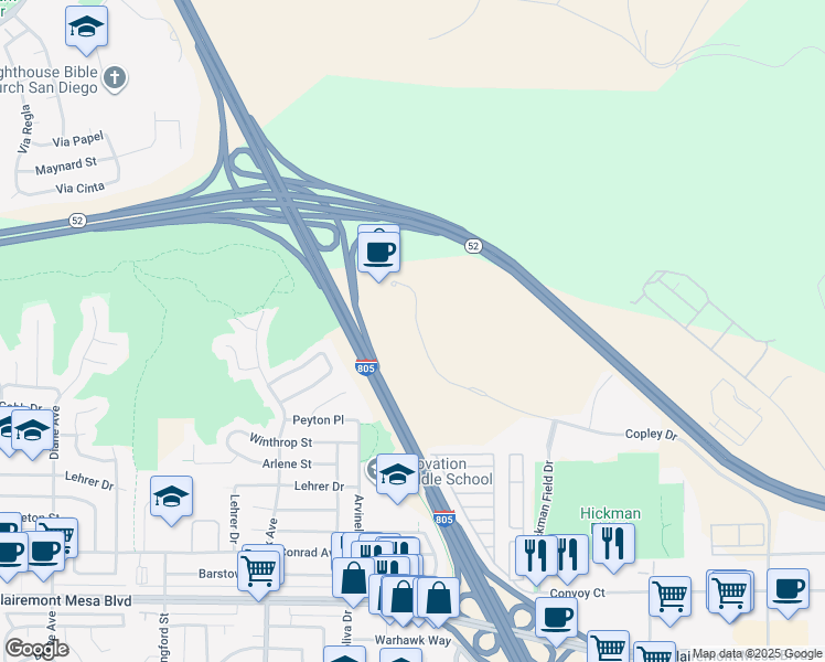 map of restaurants, bars, coffee shops, grocery stores, and more near 5855 Copley Drive in San Diego