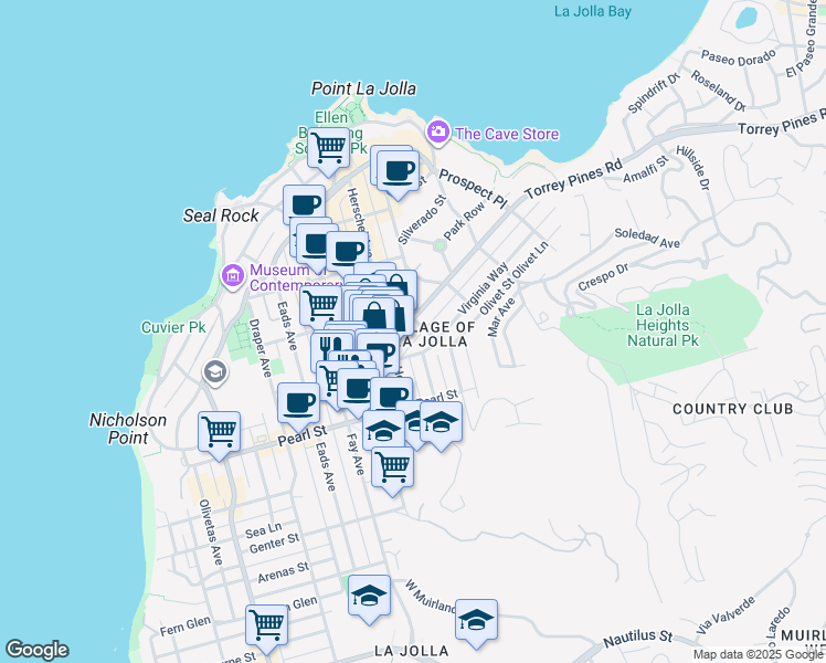 map of restaurants, bars, coffee shops, grocery stores, and more near 1120 Virginia Way in San Diego