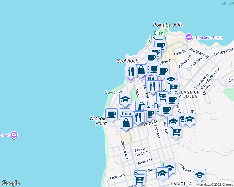 map of restaurants, bars, coffee shops, grocery stores, and more near 418 Coast Boulevard South in San Diego