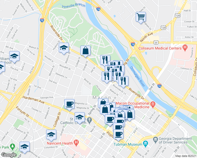 map of restaurants, bars, coffee shops, grocery stores, and more near 962 Walnut Street in Macon